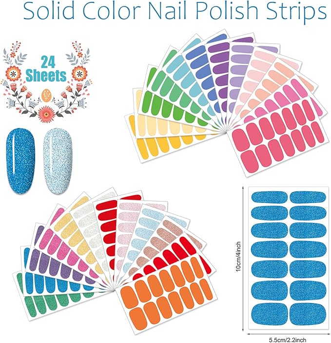 JERCLITY 336 Pieces 24 Sheets Vibrant Solid Color Nail Polish Strips Colorful Nail Wraps for Short Nails with Nail File Self-Adhesive Gel Nail Strips Stick On Nail Stickers Full Nail Wraps for Women