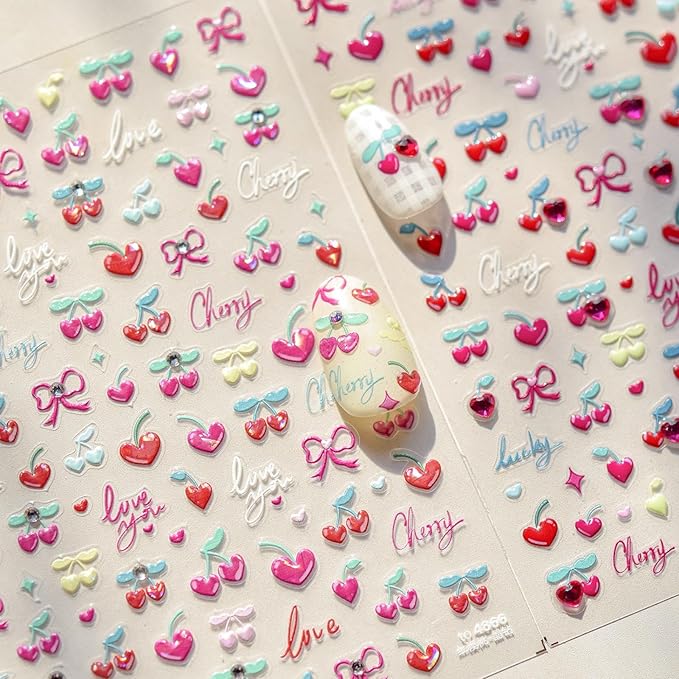 Cherry Nail Art Stickers Heart Nail Decals 5D Embossed with Diamond Design Self Adhesive Bow Nail Stickers Spring Summer Manicure Sticker Supply for Women Girls Kid Nails Decoration Accessories