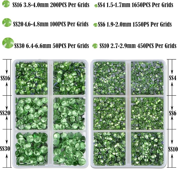 NCB Hotfix Iron on 8000pcs Crystal Rhinestones Round Gem for Crafts Decoration DIY Jewelry Making with a Tweezers and 2 Picking pens (Peridot, 6Sizes SS4-SS30)