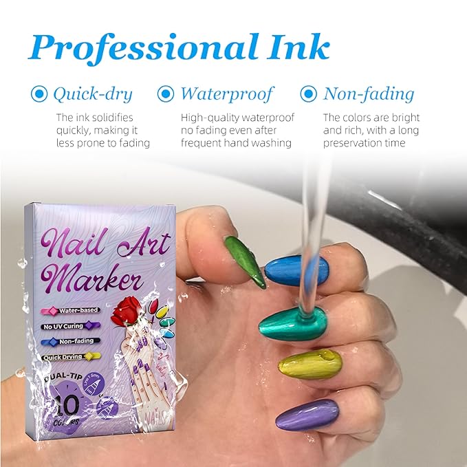 Metallic Nail Art Pens Set, 10 Colors Double-Ended Nail Design Markers with Fine & Brush Tip, Quick-Dry Water-Based Paint for DIY Manicure, Salon & Home Nail Art Decoration