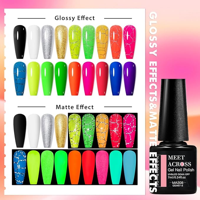 MEET ACROSS Neon Crackle Gel Nail Polish With Black White Sliver Glod Gel+ Glow in the Dark Gel Polish Kit 18Pcs*7ml