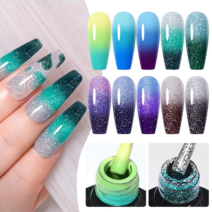 MEET ACROSS 12 PCS Color Changing Gel Nail Polish Kit Glitter Temperature Mood Changing Blue Purple Gray Color Changed Gel Soak Off Nail Art Design Kit Manicure at Home