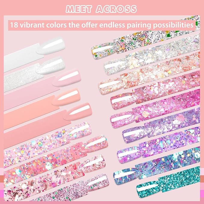 MEET ACROSS Gel Nail Polish Set White Pink Rubber Base Gel Polish + Glitter Gel Nail Polish Pink Purple Sparkly Sequins Nail Polish Manicure Kit 18 Colors