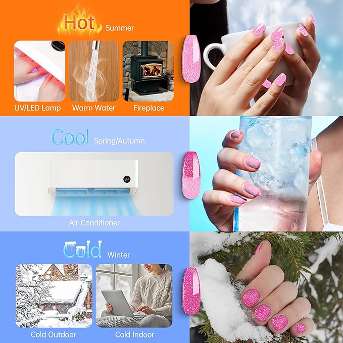 YTD Likomey Color Changing Gel Nail Polish,15ml Light Pink To Hot Pink Glitter Mood Temperature Change Colors Ombre Thermal Salon Home Fall Winter Manicure UV Nails Varnish,WB04