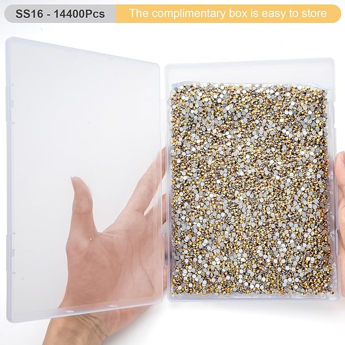 Flatback Rhinestones Bulk, 14400PCS Gold Rhinestones for Clothes DIY Decoration Crafts, Gold, SS16, 3.8-4.0mm