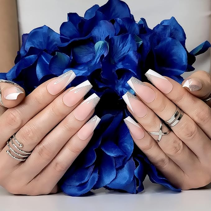 Hypnaughty 24 Pcs Modern Glittery French Luxury Coffin Press On Nails with Holographic Glitter Design and Glue Medium Long False Nails with White and Silver Tips (Modern Glittery French)