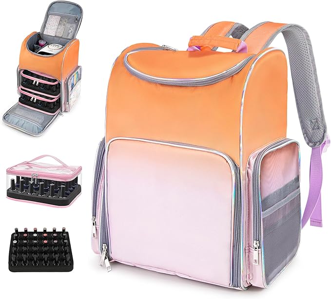 Nail Polish Organizer Bag Large Nail Polish Storage Organizer Case Backpack Holds 60 Bottles and Nail Lamp with 2 Removable Case Professional Nail Supplies Organizer for Manicurist