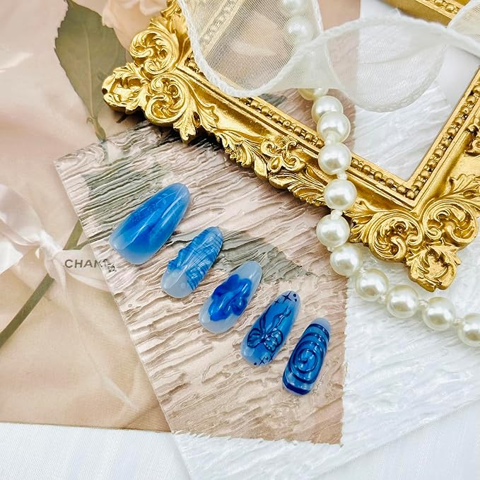 Blue Press on Nails Medium Almond Fake Nails Flower Butterfly Full Cover Glue on Nails with Silver Star Designs Stick on Nails Blue Bow Artificial False Nail Decor for Women Manicure Supplies 30pcs