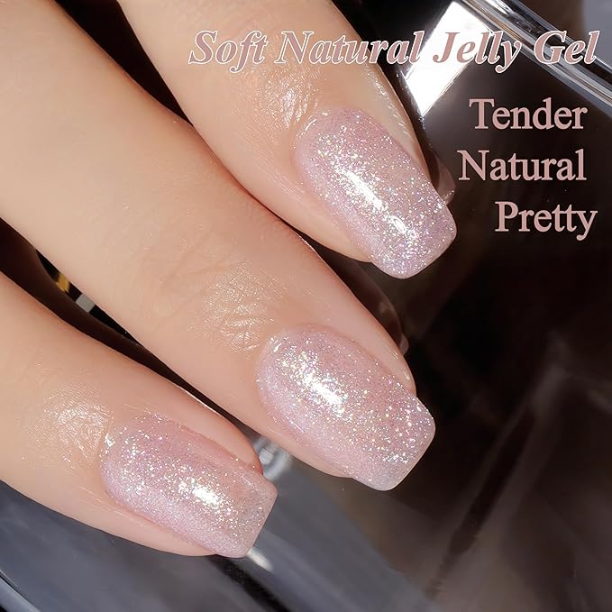 YTD Likomey Mermaid Glitter Nude Gel Nail Polish,15ml Pink Pearlescent Jelly Sheer Translucent Neutral Iridescent Colorful Shimmer Nails Art Manicure UV Nail Gel Varnish,LS388