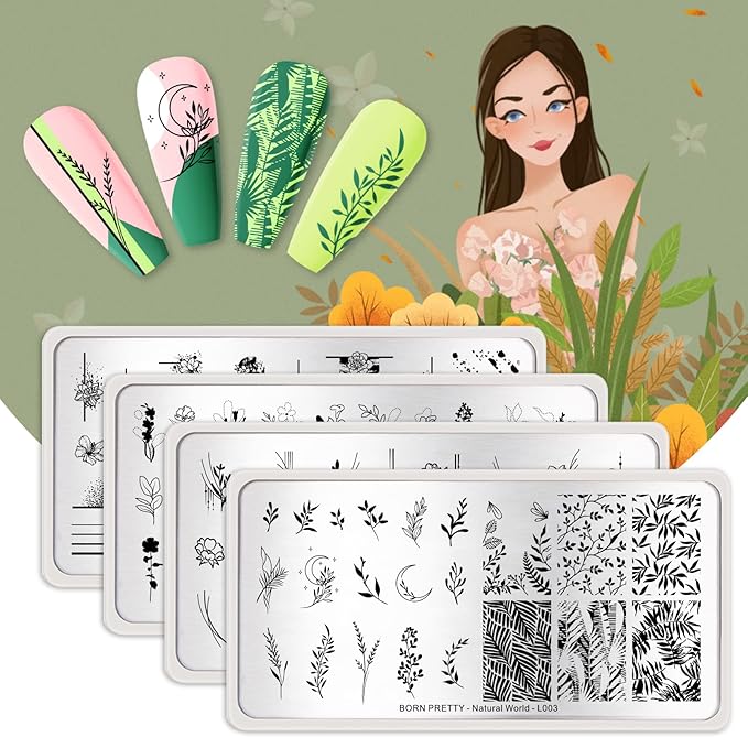 BORN PRETTY Stamping Temeplates Nail Art Stamping Plates Flower Leaves Theme Nail Image Plates Nail Manicuring DIY Printing Tools 4PCS