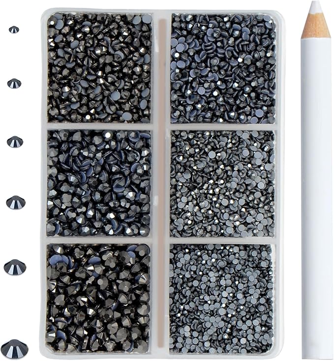8000pcs Hotfix Rhinestones Flatback,Rhinestones for Crafts Clothes Mixed 6 Sizes, Hotfix Crystals with Wax Pencil Kit, SS3-SS12,Jet Hematite