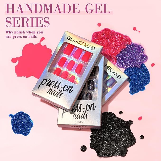 GLAMERMAID Hot Pink Press on Nails Medium Almond, Rose Red Handmade Jelly Soft Gel Pure Glue on Nails Stiletto, Summer Spring Fake Nails Short Oval, Reusable Acrylic Stick on False Nails Kit for Women