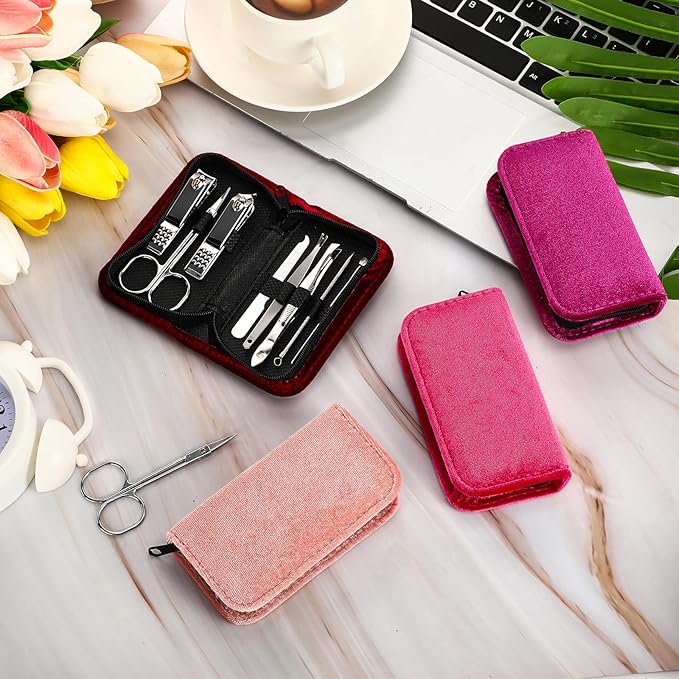 Coume 24 Sets Mini Manicure Set Bulk for Women Men Gifts for Coworkers Nail Grooming Kit 8 in 1 Nail Clippers Kit Luxurious Travel Case Stainless Steel Nails Clipper Set(Red Series)