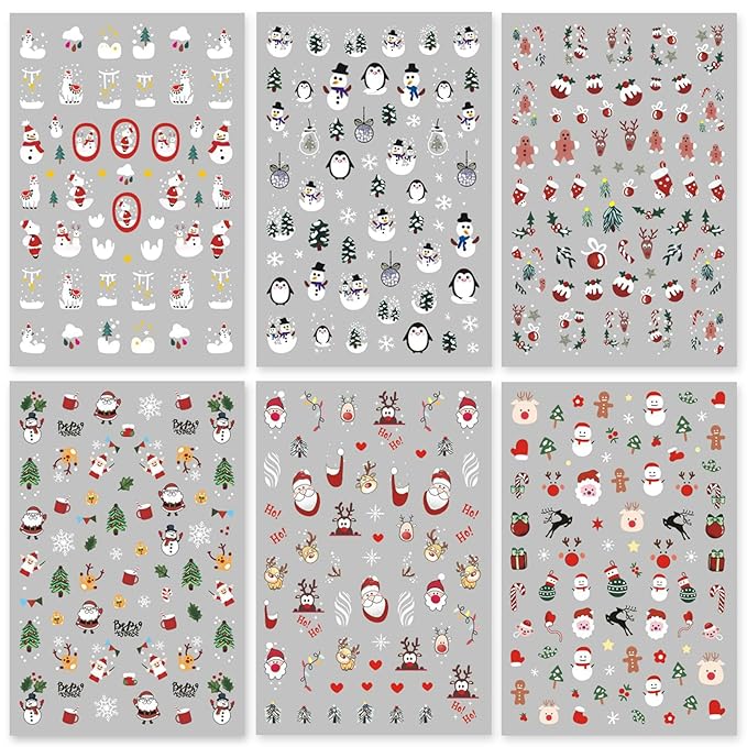 Christmas Nail Art Stickers, Pegatinas Uñas Navidad - Self-Adhesive Santa Hat Snowflake Elk Xmas Tree Design for Manicure DIY Holiday Nail Decals Decorations (6 Sheets)