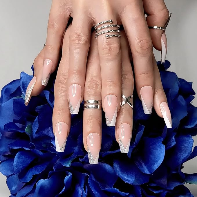Hypnaughty 24 Pcs Modern Glittery French Luxury Coffin Press On Nails with Holographic Glitter Design and Glue Medium Long False Nails with White and Silver Tips (Modern Glittery French)