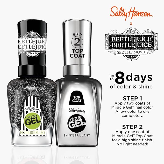 Sally Hansen Miracle Gel Beetlejuice Salon Quality Nail Polish| Gel-Like Formula, Two-Step System, No UV Light Needed, Long Lasting | Opaque, Glittery | 929 Ghost With The Most | Black Nail Polish