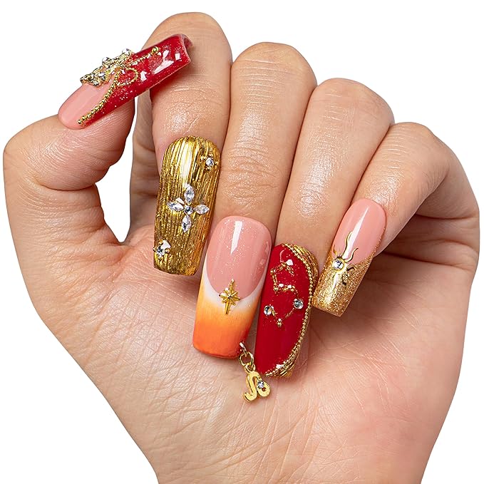 LOVFUL Short French Tip Press on Nails Leo’s Golden | Handmade Acrylic Press ons | Reusable Fake False Nails | Square Classic Regular 1.3in | H593-L