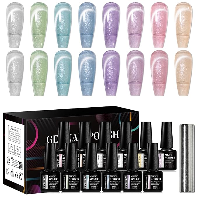 MEET ACROSS Jelly Glitter Cat Eye Gel Nail Polish Set 12PCS, Glass Fairyland Magnetic Nail Polish Translucent Pink Blue Green Purple Shimmer Sheer Gel Polish with Magnet Nail DIY Art Salon