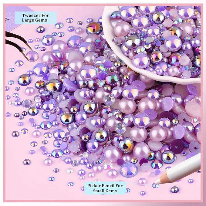 14000Pcs Flatback Pearls and Rhinestones for Crafting, Purple Series Mixed Size 3-8mm Resin Rhinestones and Half Pearls for Bedazzling, Nail Art with Tweezers and Pickup Pencil
