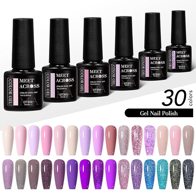 MEET ACROSS 30 Colors Pink Purple Gel Nail Polish Set, Nude Light Pink Purple Shimmer Glitter Brown Gel Polish Kit Soak off Uv Nail Art Gifts for Women