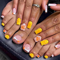 48Pcs Square Press on Nails Short & Press on Toenails Set, Yellow Flowers Fake Nails French Press on Toe Nails Full Cover Stick on Toe Nails Acrylic Nails Kit for Women Manicure