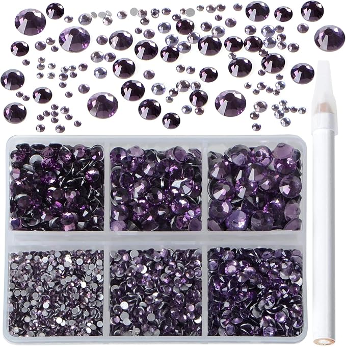 Bymitel 5000 Pieces 6 Mixed Sizes Glue Fix on Glass Rhinestones Round Crystal Gems Flatback for DIY Jewelry Making with one Picking Pen(6-Sizes 5000PCS, Tazanite)