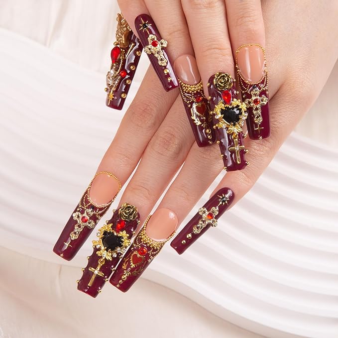LOVFUL Press on Nails Gothic Romance| Handmade with Full Covered Crystals| Reusable Fake Nails| Square Mid length 1.7in| H333-S