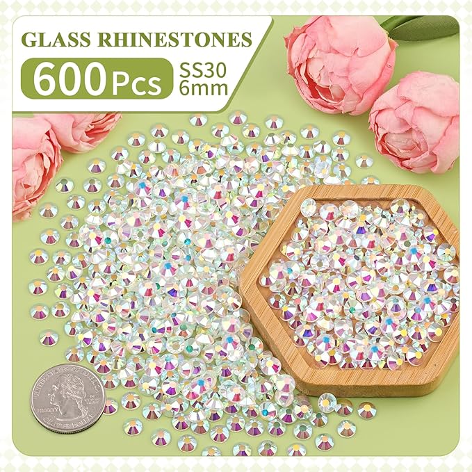 600PCS SS30/6mm Crystal Rhinestones (Transparent AB) with 2Pcs 10ml B7000 Jewelry Glue, Bedazzling Flatback Glass Rhinestones for Crafting, Gems Diomand Charm for Tumbler Shoes Clothing Mugs Nail Art