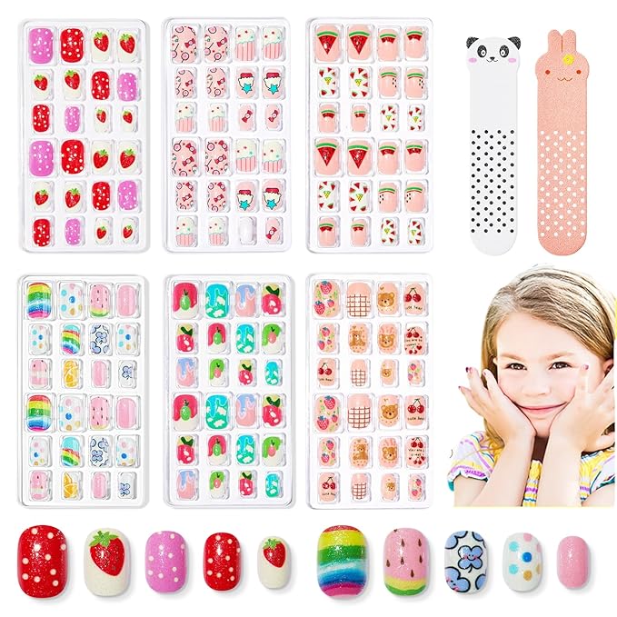 Modelones Press on Nails for Kids 144Pcs 6 Pack Children Acrylic Fake Nails Pre-glue Full Cover Glitter Gradient Color Ice-Cream Fruit Short False Nail Art Kits Sets Christmas Gifts for Kids Girls