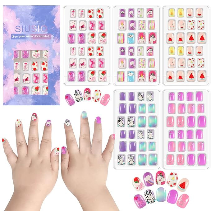 SIUSIO 120 Pcs 5 Pack Children Acrylic Fake Nails Press on Pre-glue Full Cover Glitter Gradient Color Rainbow Short Kids Stick On False Nail Art Kits Set for Kids Little Girls - Cutie Unicorn Theme