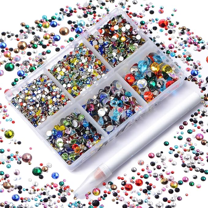 AD Beads 4300 Pieces Flat Back Nail Art Rhinestones Round Beads 6 Sizes (2-6.5mm) with Storage Organizer Box,Rhinestones Picking Pen for Nail Art Phone Decorations Crafts DIY (Mixed Color)