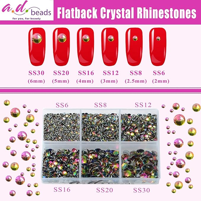 AD Beads 4300 Pieces Flat Back Nail Art Rhinestones Round Beads 6 Sizes (2-6.5mm) with Storage Organizer Box,Rhinestones Picking Pen for Nail Art Phone Decorations Crafts DIY (Vitrail Medium)