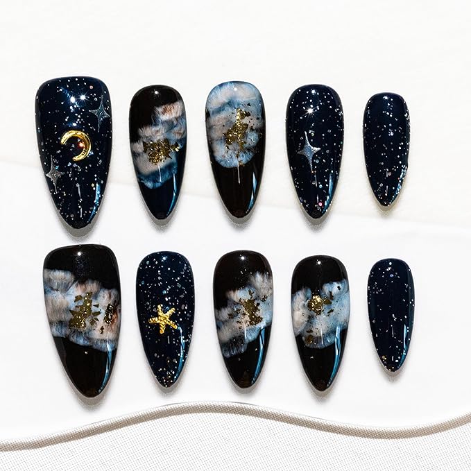 Sun&Beam Nails Handmade Press-on Medium Long Almond Black Pink Ombre Hand-Painted Elegant Design Fashion False Nail Tips 10 Pcs Set (#274 XS)