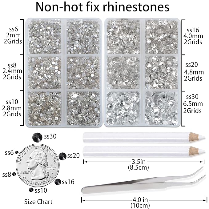 LPBeads 6000 Pieces Clear Non Hotfix Rhinestones 6 Sizes Round Crystal Glass Flat Back Rhinestones with Tweezers and Picking Pen for Nail Art Crafts Clothes Bags DIY