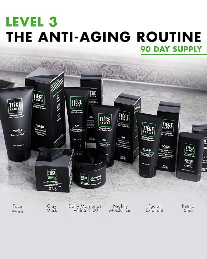 Tiege Hanley 90 Day Large Skin Care Set for Men, Anti Aging Routine, System Level 3, Daily Face Wash, Facial Scrub, Two Moisturizers, Eye Cream, & Serum for Healthy Skin, Men’s Skin Care, 6 Piece Kit