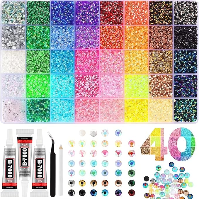 40000 Pcs Jelly Rhinestones for Bedazzling & Nail Art - 3mm Multicolor Flatback Gems, Includes B7000 Glue, Tweezers & Pen - DIY Bedazzler Kit for Diamond Art, Jewelry Making, Crafts (40000 pcs)