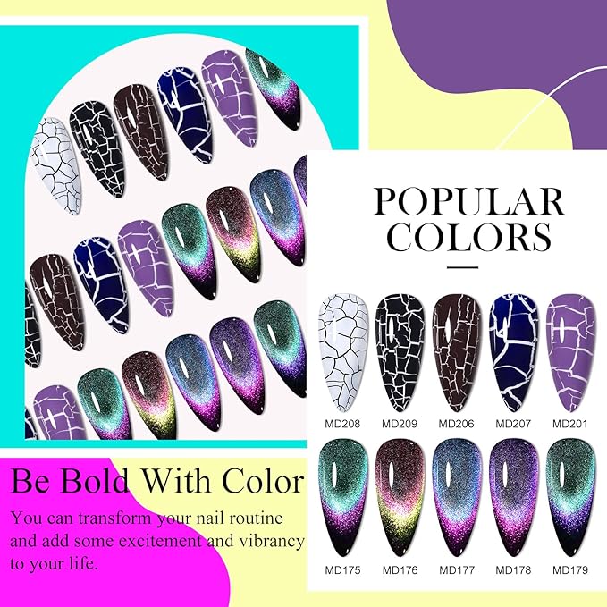 12PCS Crackle Gel Nail Polish + 9D Cat Eye Gel Polish Set Magic Black Crackle Nail Polish Magnetic Cat Eye Effect Manicure DIY Nail Art 10 Colors