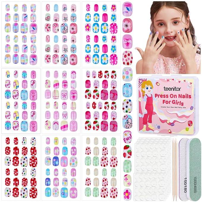 Teenitor 216pcs Press on Nails for Girls, 9 Colors 10 Sizes Press On Nails for Kids Fake Nails Little Girl Nails, Short Acrylic Nails with Nail Adhesive Tabs, Nail File Buffer