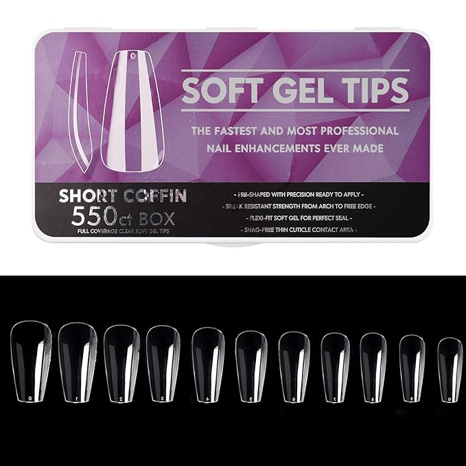 Soft Gel Curved Nail Tips, Full Cover Clear Gelly False Nail, Half Matte Acrylic Fake Nail, Press on Nail Tips Set for Extension, Home DIY Salon Manicure Nail art (Short Ballet 3, 550PCS)