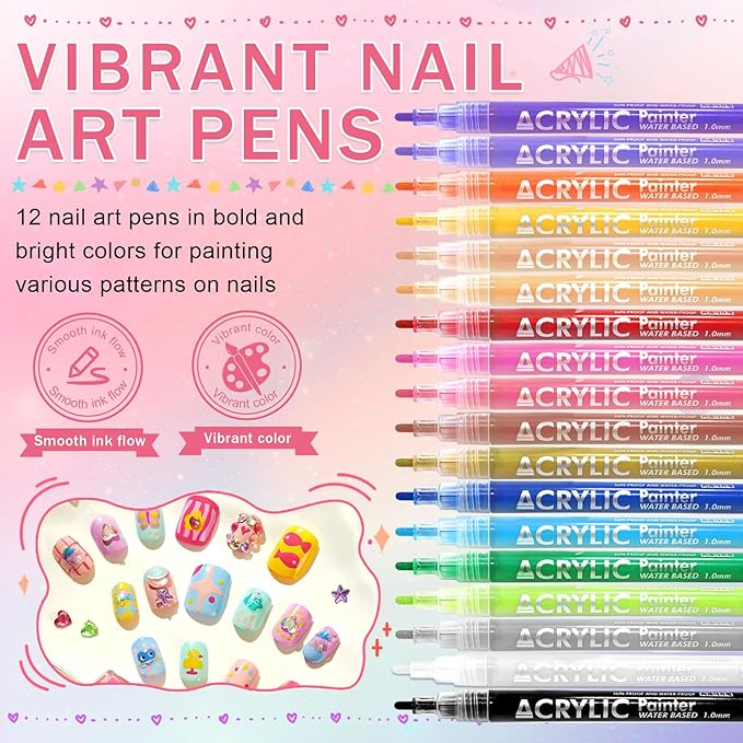 18 Colors Nail Art Pens Set, Nail Polish Pens for Nail Art Quick Drying 3D Acrylic Paint Markers for Painting Dotting Liner Pen Nail Salon DIY Design Kit