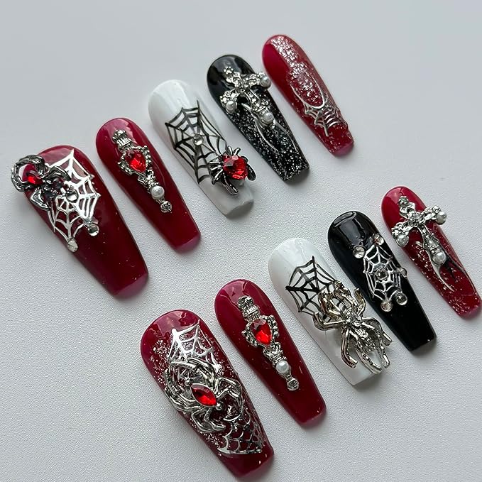 Luxury Halloween Press on Nails Medium Coffin Handmade 3D Unique Reusable ABS Material Fake Nails Gothic False Nails with Designs Spider Charms Spider Web Glossy Glue on Nail Thick Acrylic Nail(S)