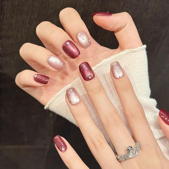 Short Square Press on Nails - Handmade Manicure Art Reusable False Nails 10pcs with Solid Nail Glue, Nail Adhesive Tabs, Strong Nail Glue (1192-Medium)