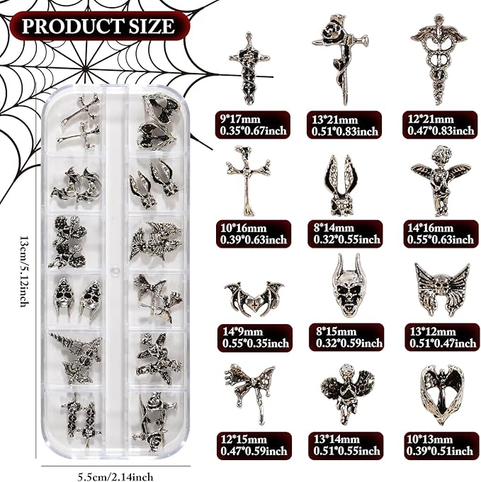24Pcs/Box Halloween Nail Charms Decorations 3D Vintage Punk Skulls Cross Nail Art Charm Metal Alloy Halloween Nail Design for Manicure Craft DIY Nail Art Accessories