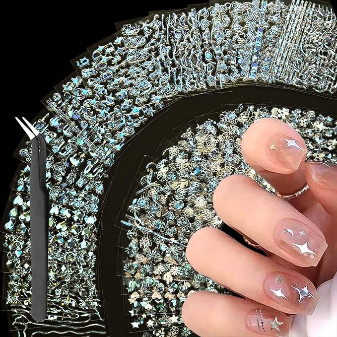 3000Pcs 60 Sheets Silver Nail Art Stickers Silver Aurora Nail Stickers Decals 3D Self-Adhesive Star Flower Nail Decals for Women Girls Salon Home DIY Manicure Nail with Tweezers Included…