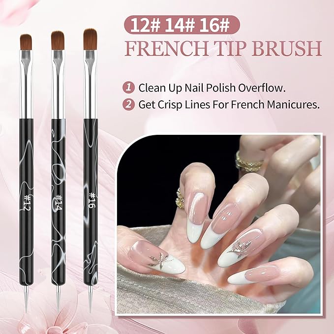 6pcs French Tip Tool Brush, 2 Way Clean up Brush for Gel Polish with Dotting Tool Franch Nail Art Brushes Set Liner Fine Cuticle Beginner 7mm/9mm/11mm, 12#, 14#, 16#