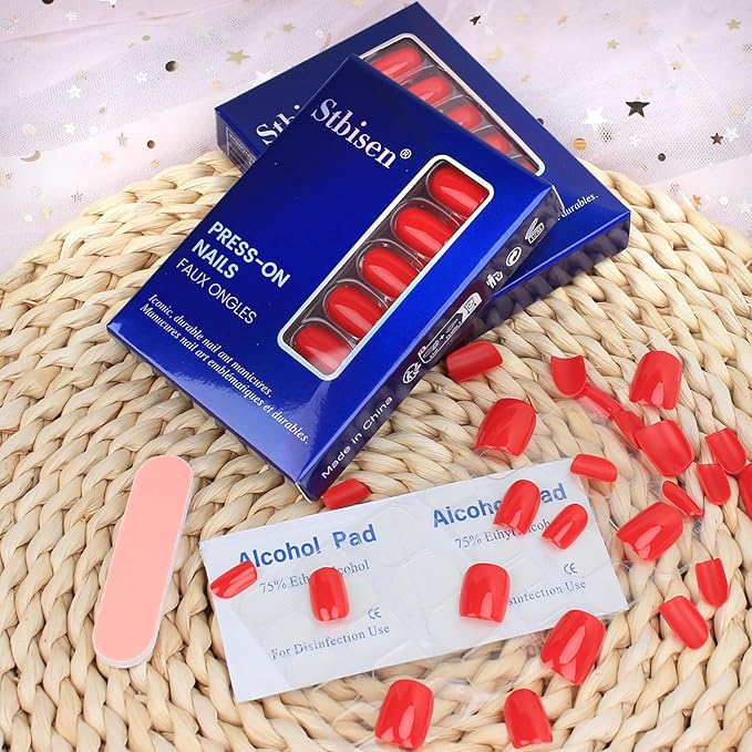 Red Press On Nails Short, Glossy Soft Gel Press On Nails Square with Nail Glue, 15 Sizes - 30 Fake Nails Kit, Thick Natural Reusable Glue On Nails for Women