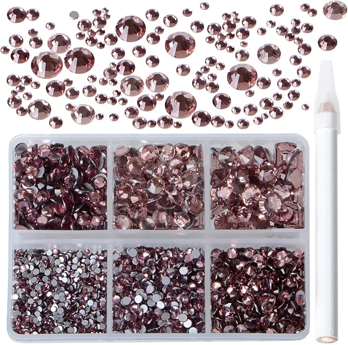 Bymitel 5000 Pieces 6 Mixed Sizes Glue Fix on Glass Rhinestones Round Crystal Gems Flatback for DIY Jewelry Making with one Picking Pen(6-Sizes 5000PCS, Lt. Amethyst)