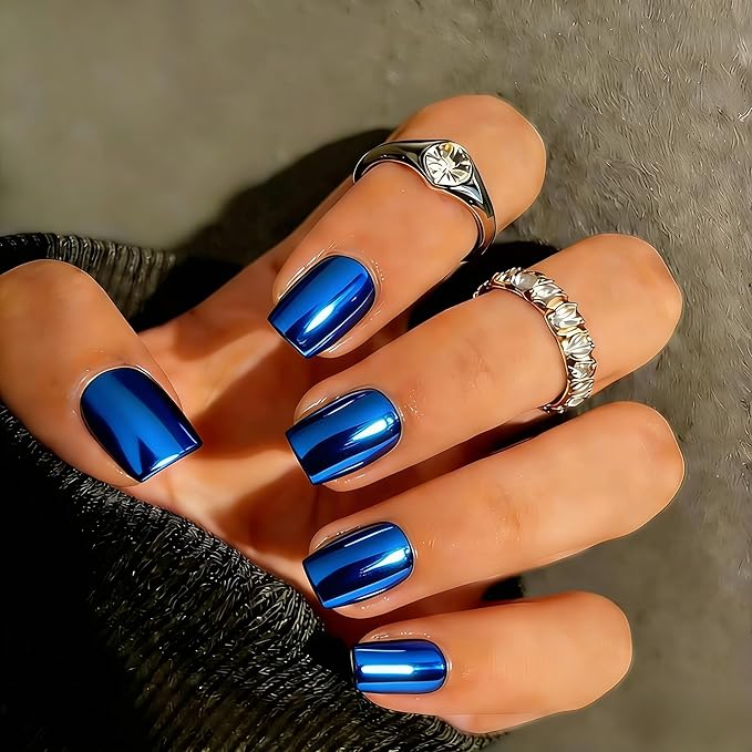 Chrome Press on Nails Short Square, Metallic Royal Blue Fake Nails with a Sparkle Mirror Finish, Glitter Glue on Nails for Women Birthday Party, Thick Quality Soft Gel Nail Press ons 30 Pcs