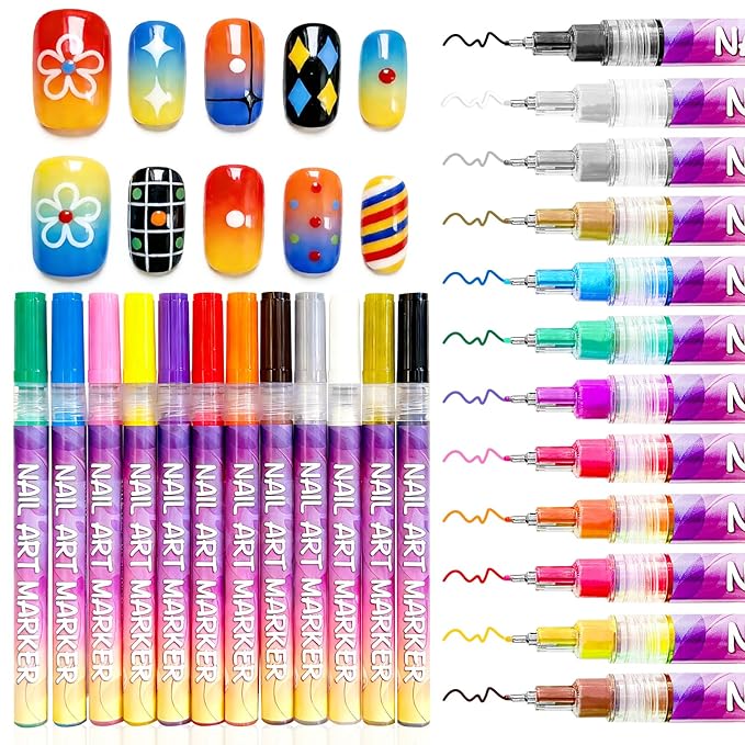 Nail Art Pens, 12 Color 0.5 MM Nail Polish Pens Set Drawing Point Painting Liner Painted Pen Kit, Waterproof Quick Dry Nail for DIY Nails Art Design Manicure Tools