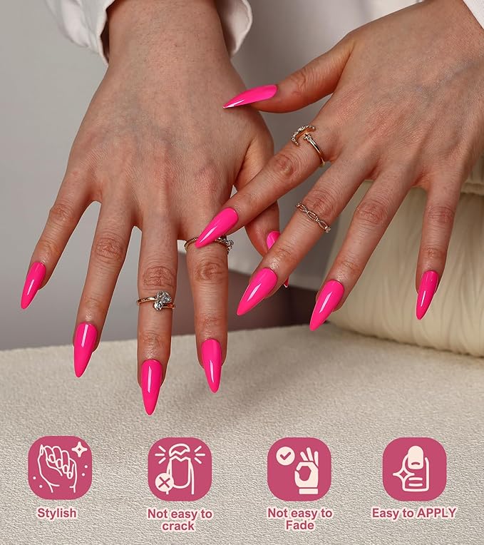 Morily 24Pcs Press on Nails Medium Hot Pink Fake Nails Stiletto Glossy False Nail Tips Artificial Full Cover Stick on Nails for Women